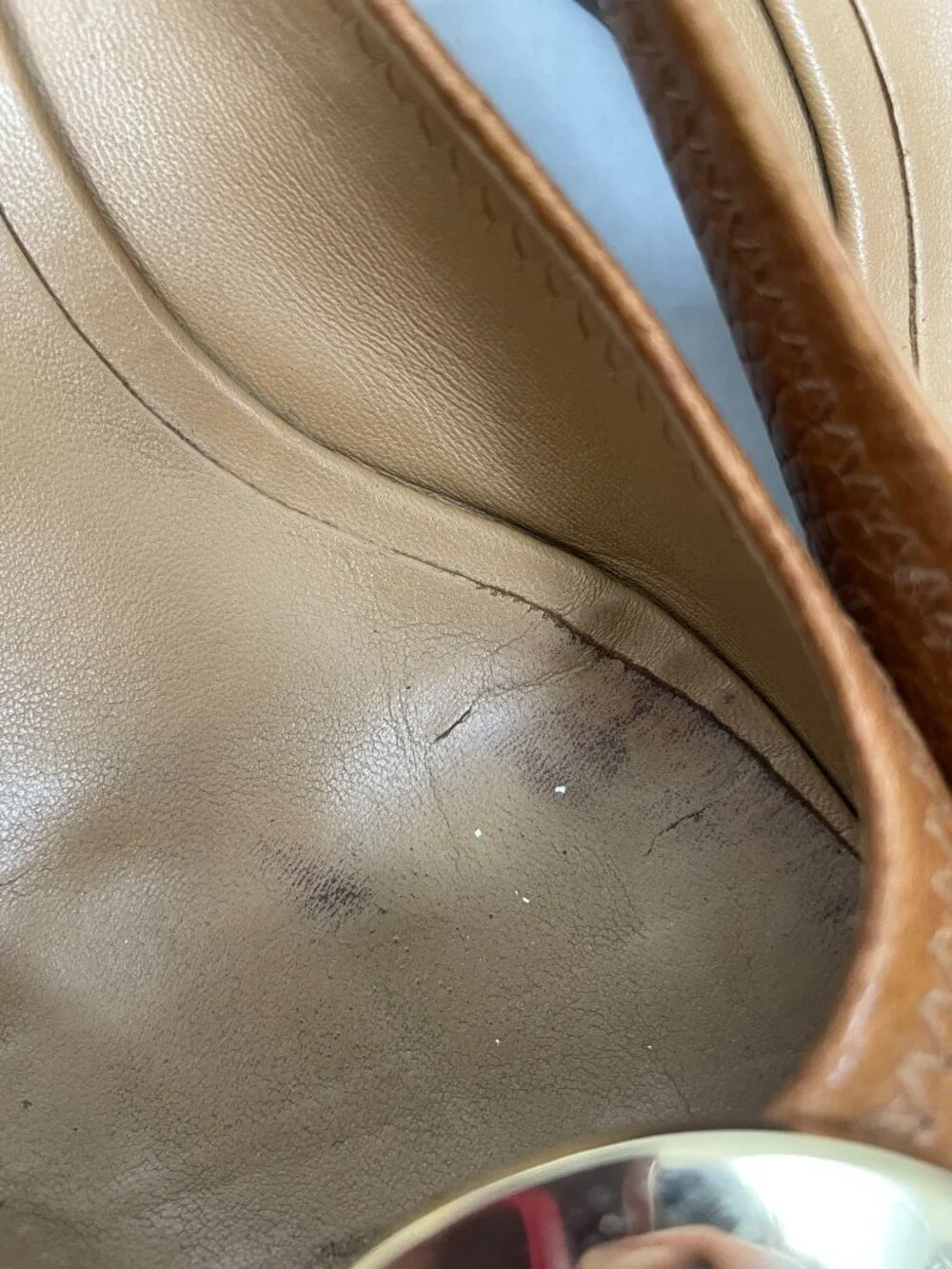 Tory Burch Sally Peep-Toe Wedge Pumps with Gold Logo Brown Leather Size: 9